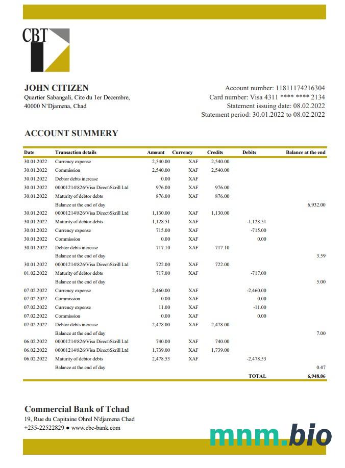 Szablon wyciągu bankowego Chad Commercial Bank of Tchad w formacie Word i PDF